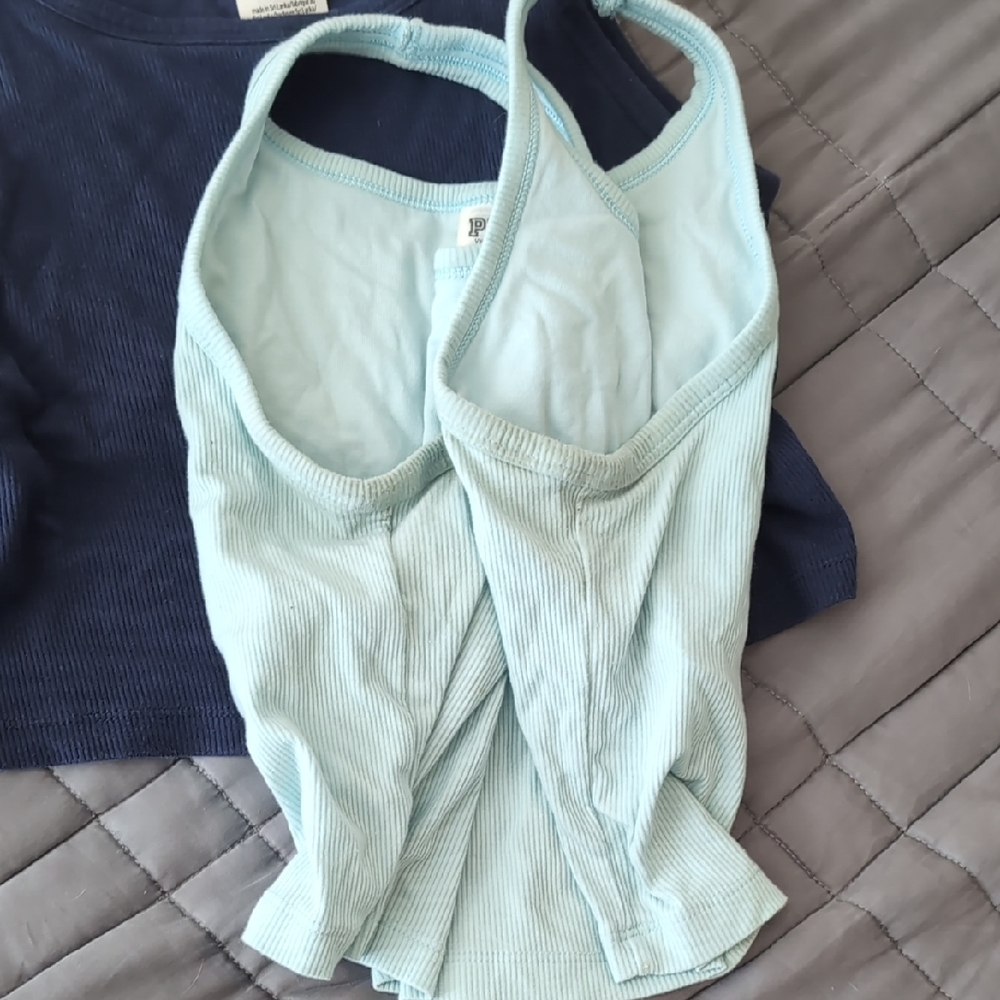 PINK Victoria's Secret Cropped Shelf Bra Racerback Tanks - Navy and Mint Blue - Picture 2 of 7